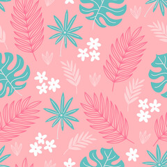 Fototapeta na wymiar Floral seamless pattern with palm and monstera leaves and flowers