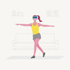 Cheerful young woman use Virtual Reality Technology for sports at home. Flat character vector illustration.