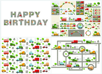 Baby city cars set. Vector cartoon illustrations for kids, nursery, poster, card, birthday party, baby t-shirts.