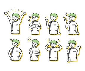 白衣を着た男性看護師の感情表現イラスト（上半身）