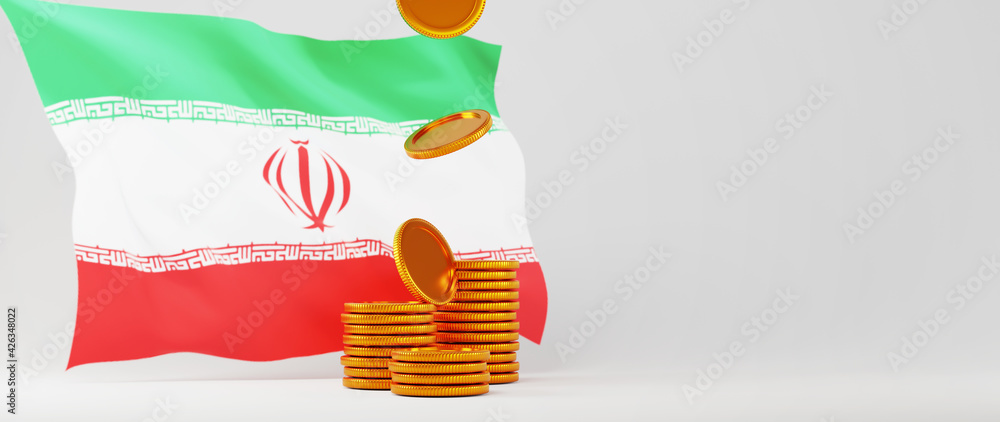 Poster 3d render of golden coins and iran flag. business online and e-commerce on web shopping concept. sec