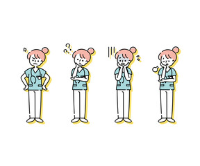 スクラブを着た女性看護師の感情表現イラスト（全身）