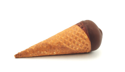 Chocolate ice-cream cone isolated on white background.Sweet summer snack.