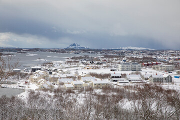 Spring and new snow on Mosheim residential area,Helgeland,Nordland county,Norway,scandinavia,Europe