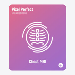 Human chest MRI scan thin line icon. Medical equipment for oncology detection. Pixel perfect, editable stroke. Vector illustration.