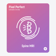 Human spine MRI scan thin line icon. Medical equipment for oncology detection. Pixel perfect, editable stroke. Vector illustration.