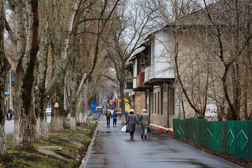 street, city, town, old, retro, people, walk , sidewalk, architecture, fence, paling, tree, trees,...