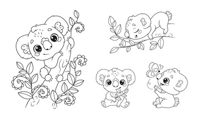 Obraz premium Set of cute koalas in doodle style. Black and white outline illustration.