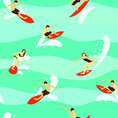 Surfers on the waves. Turquoise ocean, silhouettes of surfers on boards, waves, splashes, summer.