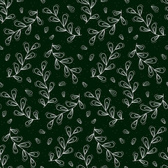Seamless repeating pattern of a branch with many leaves in the form of a double blob. Contour white objects on a dark green.