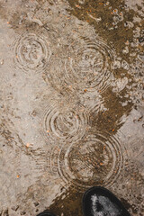Fototapeta na wymiar Wet shoes stepping in puddles with ripples on rainy day.