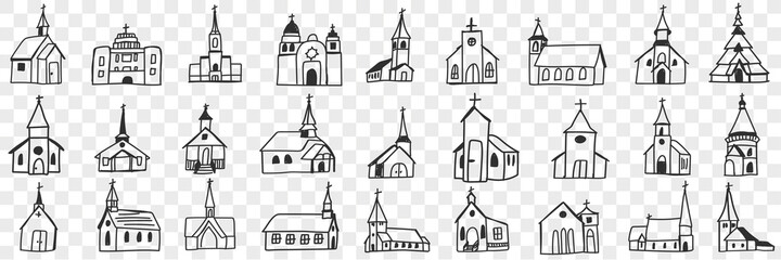 Church facades with towers doodle set. Collection of hand drawn various facades of religious churches buildings isolated on transparent background © drawlab19