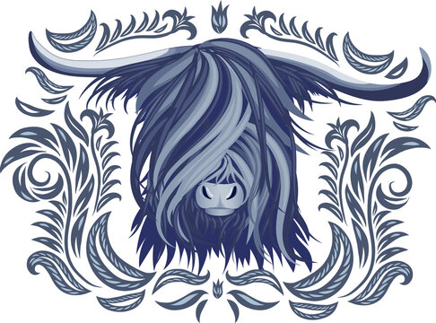 The head of a yak in grey shades with an ornament. Logo, T-shirt design, tattoo, logo, decoration.