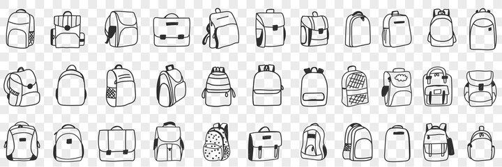 Casual backpacks accessories doodle set. Collection of hand drawn various styles of backpack bags accessories for casual everyday outfit wearing fashion isolated on transparent background - obrazy, fototapety, plakaty
