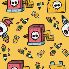 hand drawn doodle cartoon skull pattern design