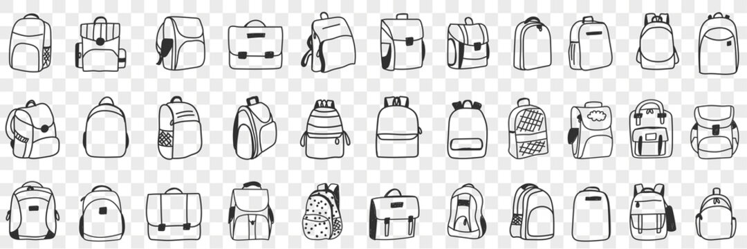 Casual backpacks accessories doodle set. Collection of hand drawn various styles of backpack bags accessories for casual everyday outfit wearing fashion isolated on transparent background