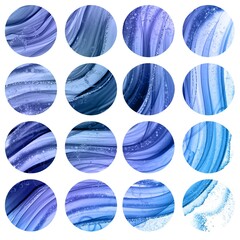Set of abstract fluid art circles can be used as a pattern, print, for scrapbooking, decorating, as a background. Color: white and blue