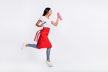 Full size profile photo of nice optimistic brunette long hairdo lady with brush jump wear t-shirt...