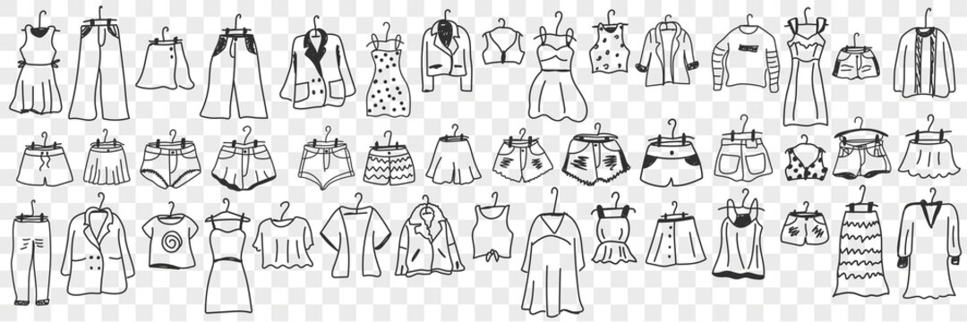 Female and male clothes outfit doodle set. Collection of hand drawn garment dress pants jacket bags shorts new on hangers for wearing or shopping isolated on transparent