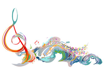 Abstract musical design with a treble clef and colorful splashes, notes and waves. Colorful treble clef. Hand drawn vector illustration.