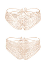 Detail shot of beige lace panties with floral design, crossed strips and silk bow. The sexy lingerie is isolated on the white background. Front and back views. 