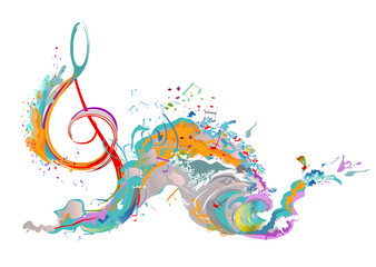 Abstract musical design with a treble clef and colorful splashes, notes and waves. Colorful treble clef. Hand drawn vector illustration.