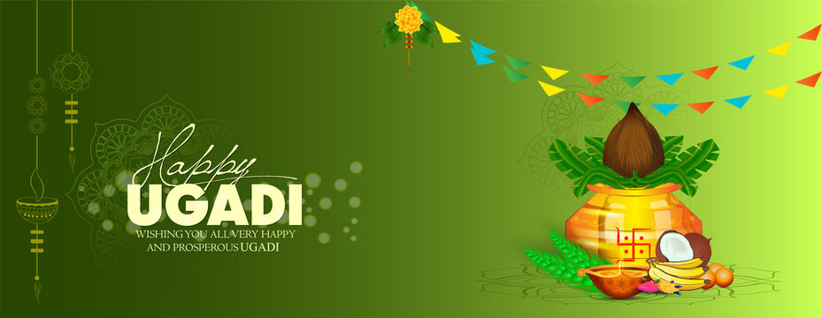 Happy Ugadi Greeting Card Background With Decorated Kalash