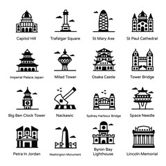 Fototapeta premium Solid Icons of Famous Landmarks Pack