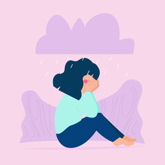 Woman sitting and crying because of anxiety or panic attack. Girl with seasonal affective disorder. female with mental disorder problem. Concept of negative emotions and feelings. Vector illustration.