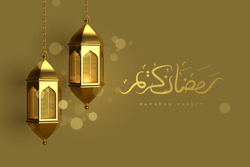 Ramadan Kareem greeting card. Golden hanging lanterns with glowing lights and handwritten arabic calligraphy means Ramadan Kareem. Vector illustration in 3d realistic style for islamic muslim holidays © ludmila_m