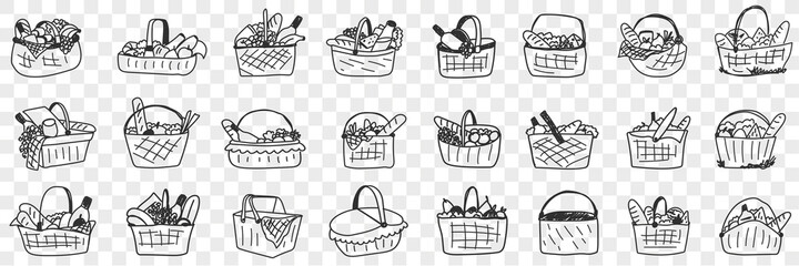  Basket with food doodle set. Collection of hand drawn various baskets with ingredients food drinks for picnics outdoors isolated on transparent background