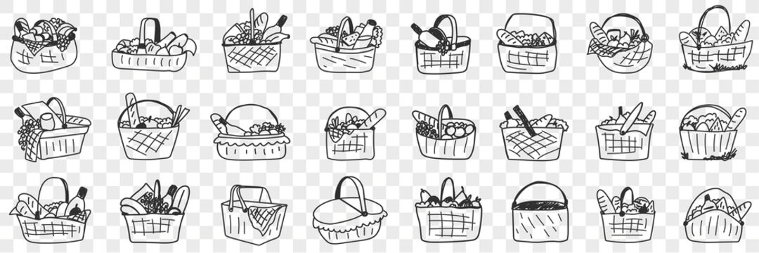  Basket with food doodle set. Collection of hand drawn various baskets with ingredients food drinks for picnics outdoors isolated on transparent background