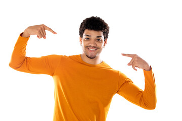 Fototapeta premium Young black afro guy laughing and pointing to something with his finger