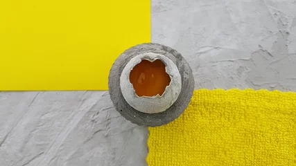 beliebte farben von 2021. betongrauer hintergrund, gelber stoff und ei in der schale © Natalia