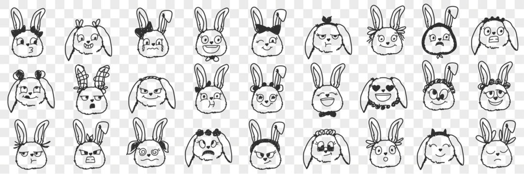Rabbit faces expressions doodle set. Collection of hand drawn various positive and negative expressions of rabbit animals faces muzzles isolated on transparent background