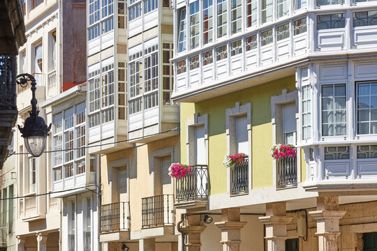 Traditional stone columns and facades in Chantada. Lugo, Spain