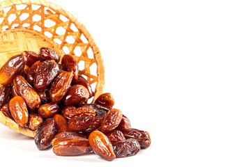 Dates fruit on white background, close up. Ramadan kareem with dates. Religious Muslim background for the holy month of Ramadan