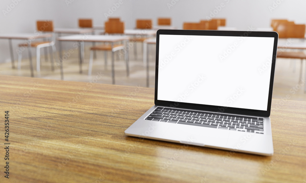 Aufkleber close up of white isolated cut out laptop monitor display with classroom background. education and t