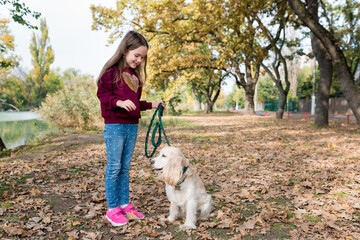 Cute little girl training her dog outside. Child walking with cocker spaniel in the park on warm autumn day. Pets and kids companionship concept