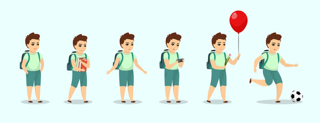 Schoolboy kid character in different poses. Cute cartoon boy set. Smiling male child with backpack, hold textbooks, play on smartphone mobile game, back to school with flower and balloon, kick ball