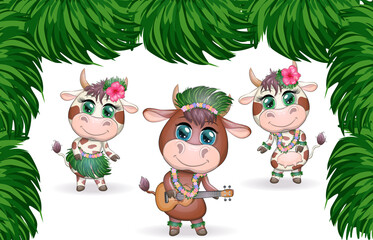 Tropical new year 2021, celebration. Group of cows and bulls as hula dancers with acoustic ukulele guitars, Hawaii