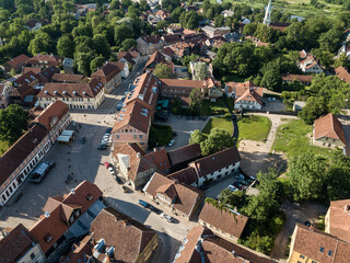 Aerial view of old town in city Kuldiga and red roof tiles, Latvia