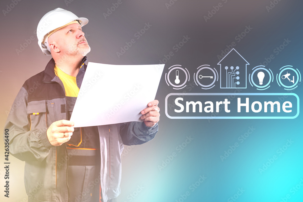 Poster builder next to the smart home label and pictograms. smart home concept on a gray background. the en