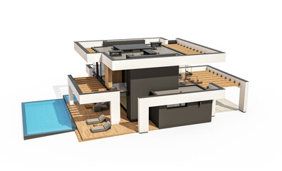 3d rendering of modern cozy house with pool and parking for sale or rent in luxurious style. Isolated on white