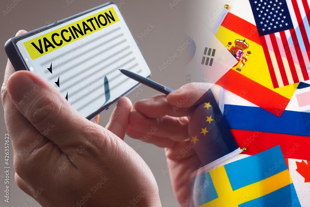 Poster vaccination against coronavirus in different countries. electronic vaccination certificate on the ba