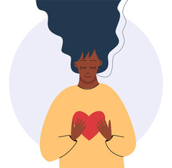 Young african woman hugs a big heart with love and care. Girl with long hair holds red heart in her hands. Self care and body positive concept.