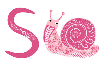 Letter S lowercase cute children colorful zoo and animals ABC alphabet tracing flashcard of Colorful Snail for kids
