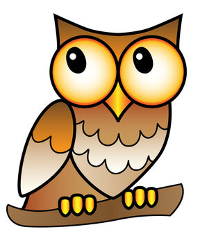 Owl - full color stock illustration. A small big-headed owl with big eyes sits on a branch - a picture for children. Brown speckled nocturnal bird for a children's book or print