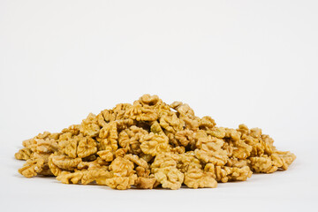  Peeled walnuts isolated on white background. Walnuts on white background. Studio photo. Copy space.