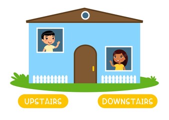 Opposites concept, UPSTAIRS and DOWNSTAIRS. Word card for English language learning. Flashcard with antonyms for children.